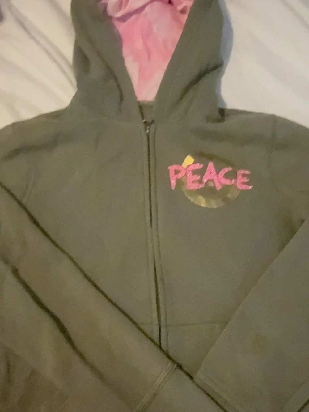 Justice Olive Green Zip Hoodie with Pink Lined Hood and Peace Graphic